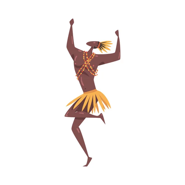 African Ritual Dance, Young Man Dancing Wearing Traditional Costume Cartoon Style Vector Illustration — Stock Vector