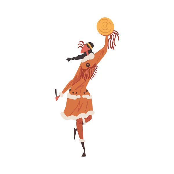 Danza rituale indiana nativa americana, bella giovane donna che balla con il tamburello che indossa il costume tradizionale illustrazione vettoriale in stile cartone animato — Vettoriale Stock