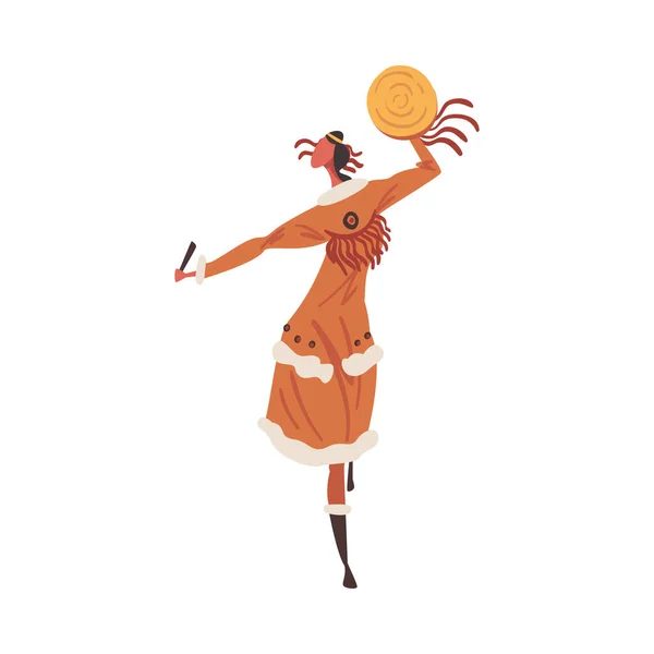 Индейский ритуальный танец коренных американцев, индийская женщина танцует с бубен носить традиционное платье Мультфильм стиль вектор иллюстрации — стоковый вектор