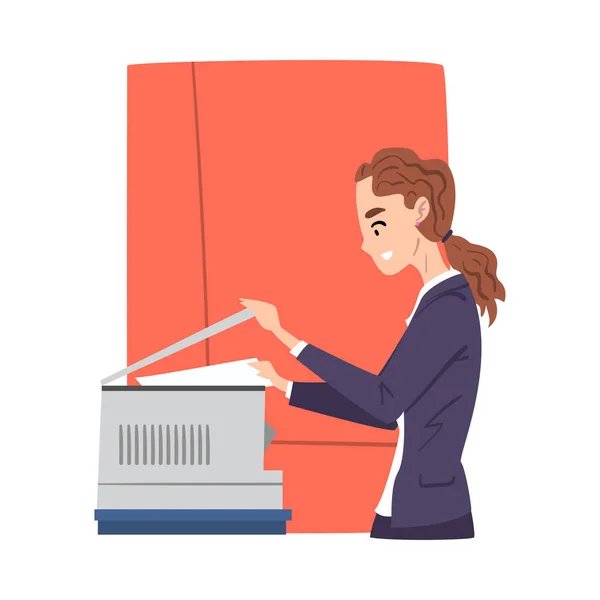 Jonge vrouw kopiëren en scannen van documenten in kantoor, zakenvrouw of kantoor Medewerker Dagelijkse Routine Cartoon Style Vector Illustratie — Stockvector