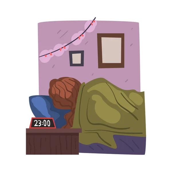Kobieta śpi w nocy na łóżku, Bizneswoman lub pracownik biurowy codzienne rutynowe Styl kreskówki Wektor ilustracji — Wektor stockowy