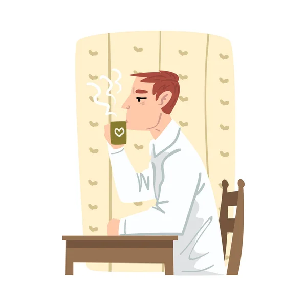 Молодой человек пьет горячий кофе утром, бизнесмен или офисный работник ежедневной рутинной иллюстрации стиля мультфильма вектор — стоковый вектор