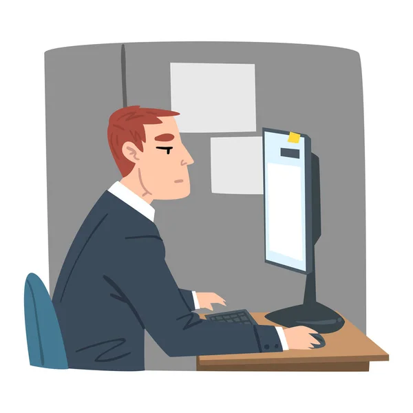 Mladý muž pracující na počítači v kanceláři, podnikatel nebo Office Worker Daily Rutinní Cartoon Style Vector Illustration — Stockový vektor