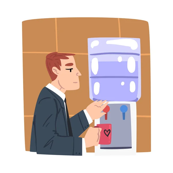 Mladý muž pitná voda na chladič, podnikatel nebo Office Worker Daily Rutinní Cartoon Style Vector Illustration — Stockový vektor