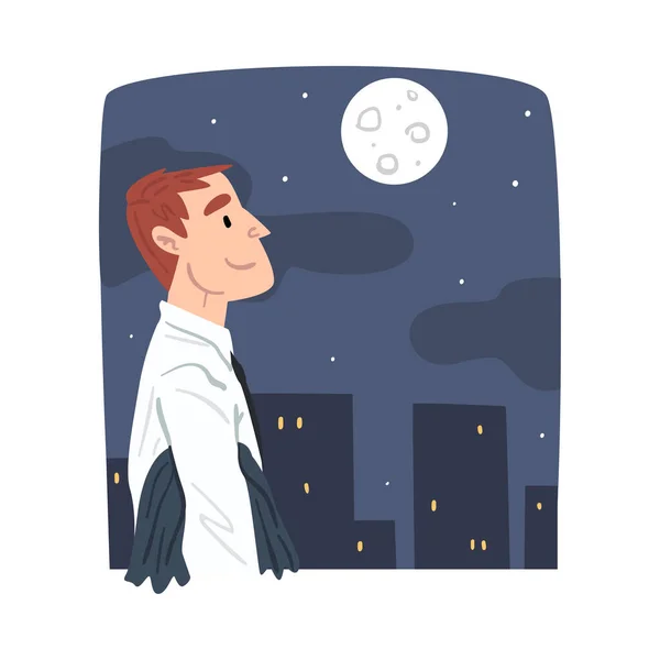 Young Man Walking from Work at Night, Businessman or Office Worker Daily Routine Cartoon Style Vector Illustration — Stock Vector