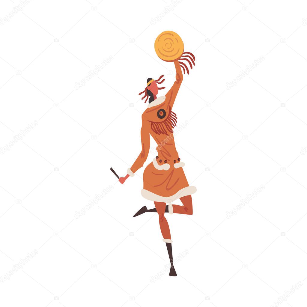 Native American Indian Ritual Dance, Young Woman Performing Folk Dance Wearing Traditional Costume Cartoon Style Vector Illustration