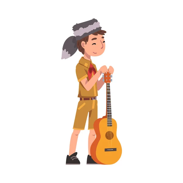 童军童军与吉他站在一起，童军童军身穿制服，领巾与皮帽，夏令营活动病媒图解 — 图库矢量图片
