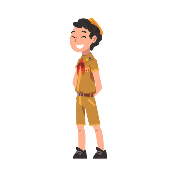 Smiling Scout Boy, Chefully Scouting Kid Character Wearing Uniform and Red Neckerchief, Summer Camp Activities Vector Illustration — 스톡 벡터