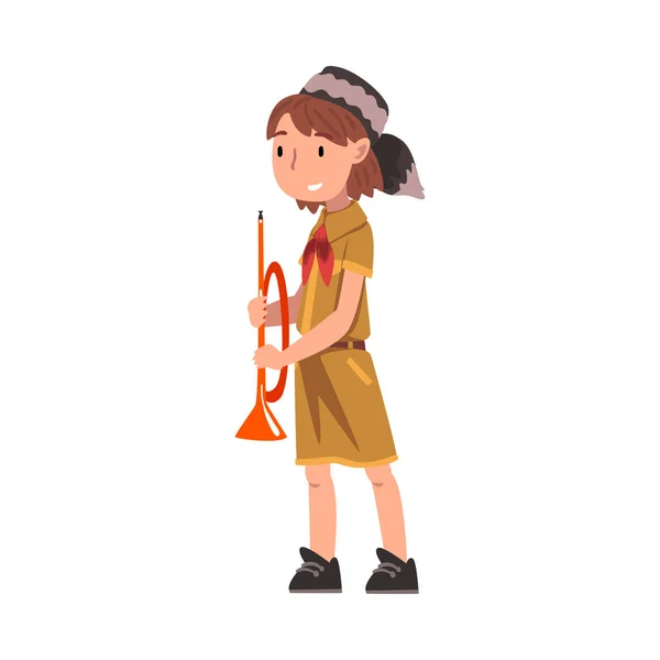 Chica scout sonriente con trompeta, niño explorador con uniforme, pañuelo rojo y gorra de piel de mono, Actividades del campamento de verano Vector Ilustración — Archivo Imágenes Vectoriales