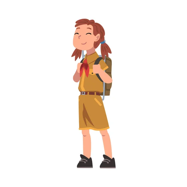 Smiling Scout Girl with Backpack, Scouting Kid Character Wearing Uniform and Red Neckerchief, Summer Camp Activities Vector Illustration — Stock Vector