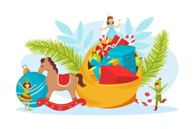 Kış Tatillerini Kutlayan Sevimli Küçük Çocuklar, Mutlu Noeller ve Mutlu Yeni Yıl Çizgi Filmleri Vektör İllüzyonu