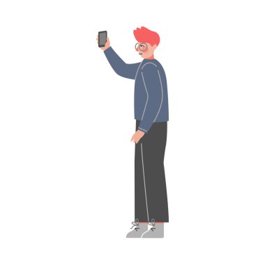 Smartphone Vector İllüstrasyonunda Genç Adam 'ın Duruşunun, Dinleyişinin ve Kaydettiğinin Yan Görüntüsü