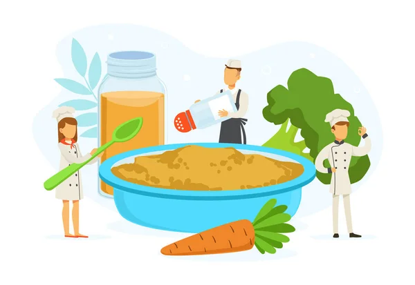 L'équipe du restaurant cuisine des aliments sains, de minuscules personnages de chef en uniforme et de cuisson au chapeau dans la cuisine Illustration vectorielle — Image vectorielle