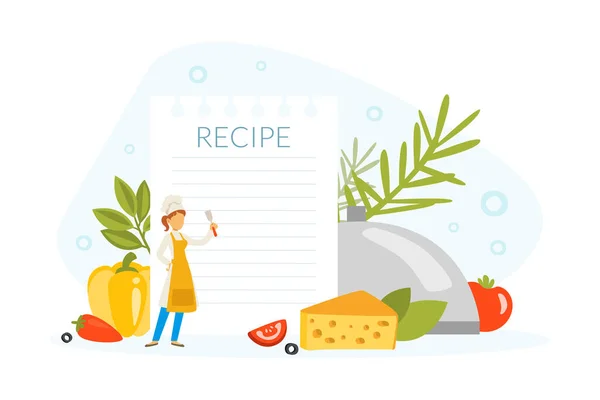 Γυναίκα Chef Μαγειρική Υγιεινό πιάτο στην κουζίνα εστιατόριο με συνταγή, Μικροσκοπικό χαρακτήρα της κουζίνας σε ομοιόμορφη και Cap Vector Εικονογράφηση — Διανυσματικό Αρχείο