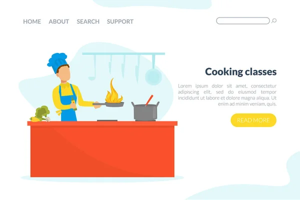 Klasy gotowania Landing Page Template, Kursy online, Strona główna, Mężczyzna Chef Gotowanie Zdrowe jedzenie na zilustrowanie wektor kuchni — Wektor stockowy