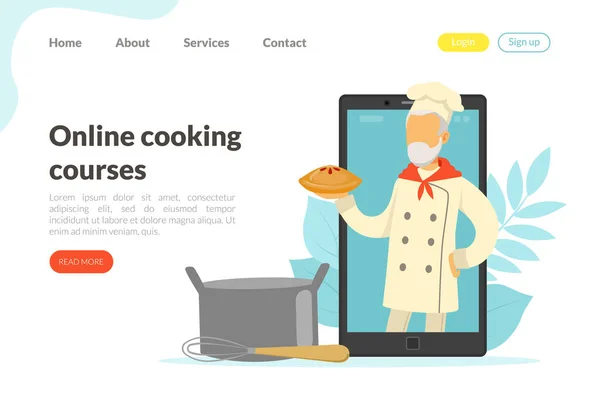 Online kursy gotowania Landing Page Template, Kulinarne Master Class stronie internetowej, Strona główna Flat Vector Ilustracja — Wektor stockowy
