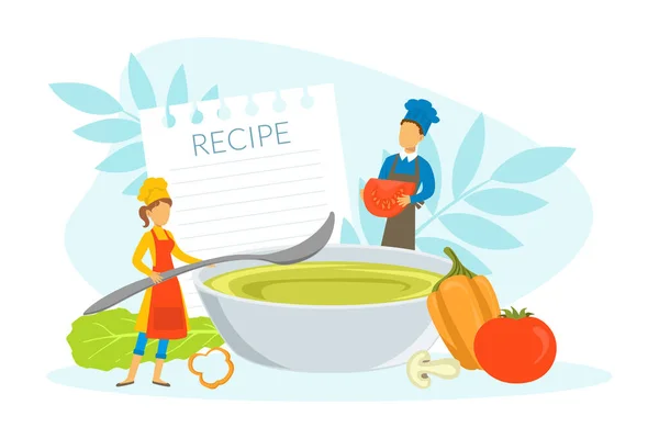 Cucina del team del ristorante Piatto vegetariano sano, minuscoli personaggi dello chef in uniforme e Cap Cooking in cucina illustrazione vettoriale — Vettoriale Stock