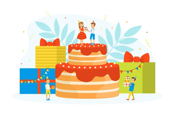 Niños celebrando cumpleaños, lindo niño y niña de pie en la parte superior de la enorme caricatura de pastel festivo Vector Ilustración. — Vector de stock