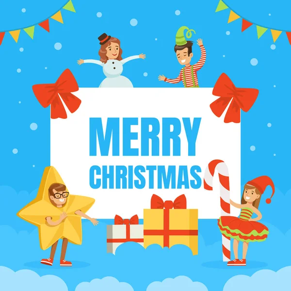 Καλά Χριστούγεννα Banner πρότυπο, χαριτωμένο χαρούμενα παιδιά γιορτάζουν τις διακοπές φορώντας κοστούμια μασκαράτα εικονογράφηση διάνυσμα κινουμένων σχεδίων — Διανυσματικό Αρχείο