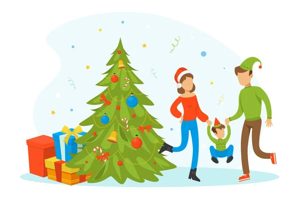 Glückliche Familie feiert Winterurlaub, kleine Leute haben Spaß an geschmückter Tanne, frohe Weihnachten und ein gutes neues Jahr Cartoon Vector Illustration — Stockvektor