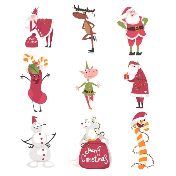 Symboly vánočních a silvestrovských svátků, roztomilý Santa Claus, sněhulák, elf, Candy Cane postavy karikatura styl vektorové ilustrace — Stockový vektor