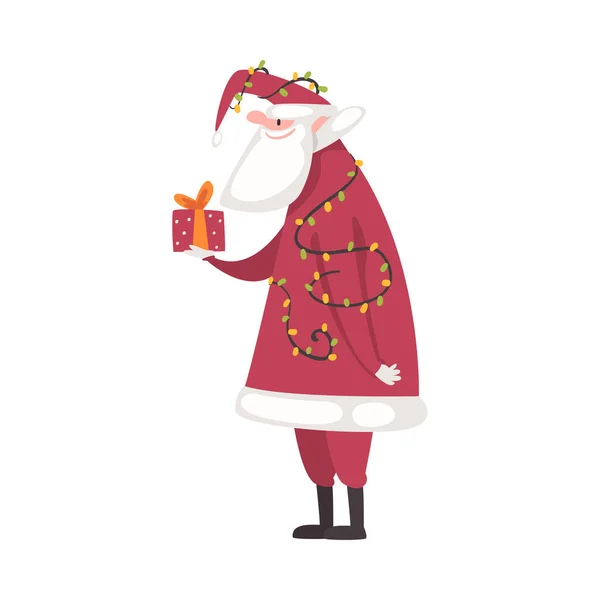 Roztomilý vánoční Santa Claus postava s dárkové krabice, symbol Vánoc a Nový rok dovolená karikatura styl vektorové ilustrace — Stockový vektor