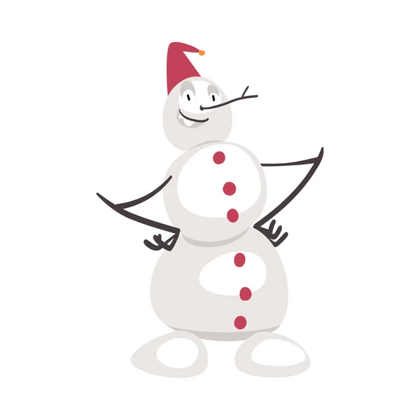 Śmieszny bałwan Bożonarodzeniowy charakter w czerwonej dzianiny kapelusz, symbol Świąt Bożego Narodzenia i Nowy Rok wakacje Styl kreskówek Wektor ilustracji — Wektor stockowy