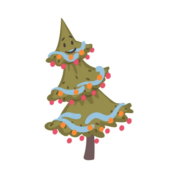 Vánoční kreslený strom Charakter, Symbol Vánoc a Nový rok Dovolená Cartoon Style Vector Illustration — Stockový vektor