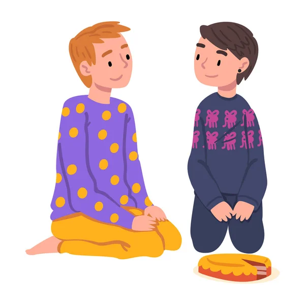 Slumber Party, Leuke jongens in pyjama zit op de vloer en het eten van taart cartoon stijl vector illustratie — Stockvector