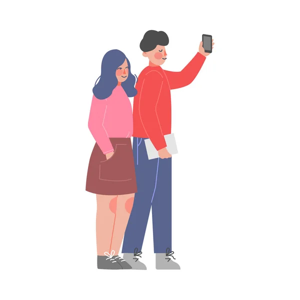 Joven y mujer de pie, escuchando atentamente y grabando información de video o audio en la ilustración de vectores de teléfonos inteligentes — Vector de stock