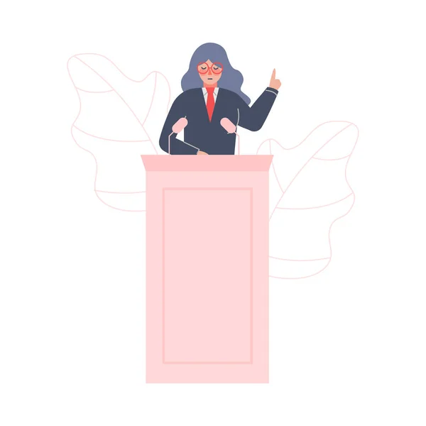 Mujer política detrás de la tribuna dando discurso, Mujer oradora pública carácter dando charla en conferencia de negocios Vector ilustración — Vector de stock