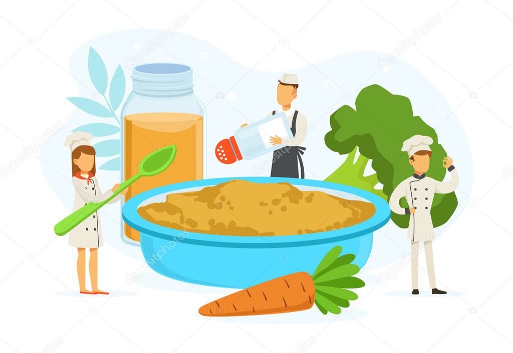 Restaurant Team Cooking Healthy Food, Tiny Chef Characters in Uniform and Cap Cooking in Kitchen Vector Illustration