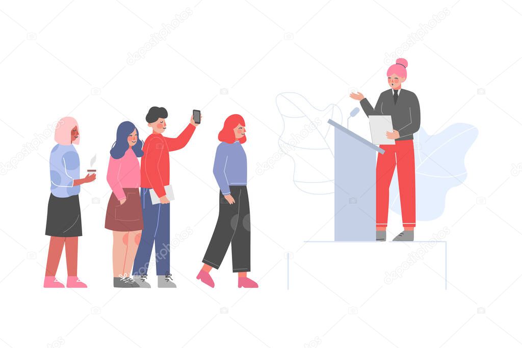 Female Politician Standing Behind Rostrum and Giving Speech, Businesswoman Public Speaker Giving Talk in front of Audience, Business Conference Vector Illustration