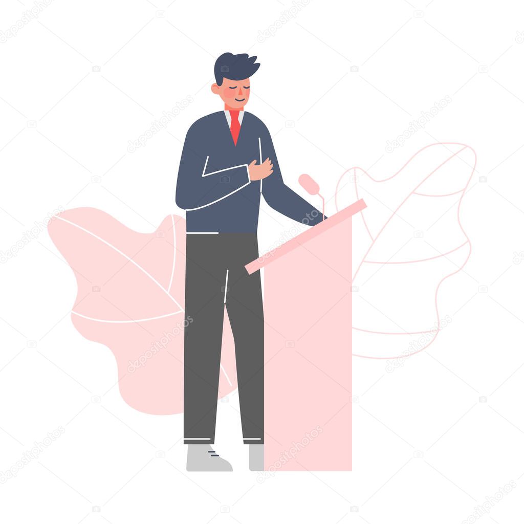 Businessman or Politician Standing Behind Rostrum and Giving Speech, Man Public Speaker Giving Talk at Business Conference Vector Illustration