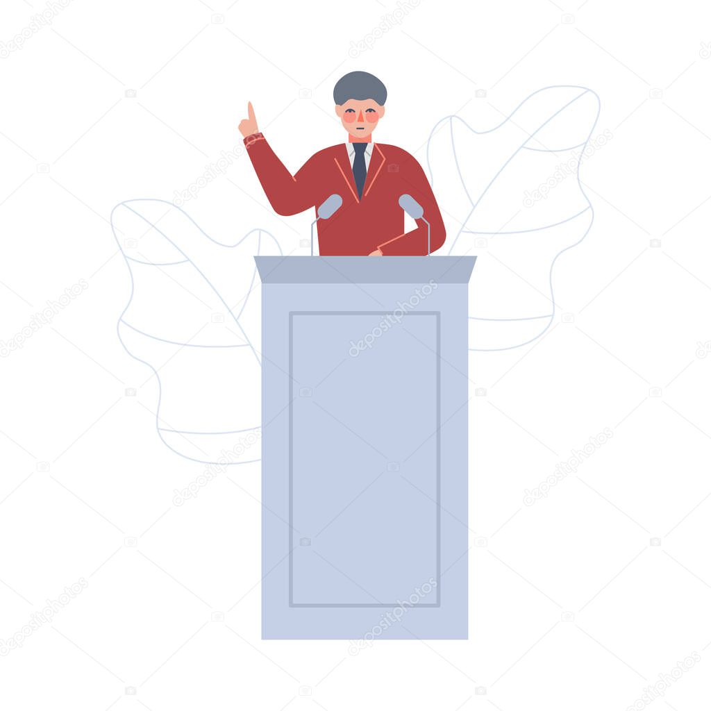 Male Politician Standing Behind Rostrum Giving Speech, Businessman Character Giving Talk at Business Conference or Meeting Vector Illustration