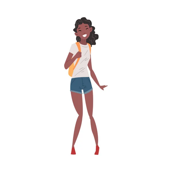 Happy African American Girl in Casual Clothes Standing with Backpack, International College or University Γυναικεία Φωτογραφία Φοιτητών Διάνυσμα — Διανυσματικό Αρχείο