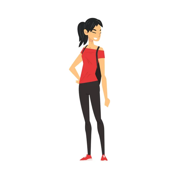 Spaanse meisje in casual kleding staande met tas, International College of Universiteit vrouwelijke student karakter vector illustratie — Stockvector