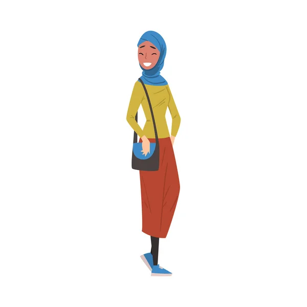 Moslim meisje in casual kleding staande met tas, International College of Universiteit vrouwelijke student karakter vector illustratie — Stockvector