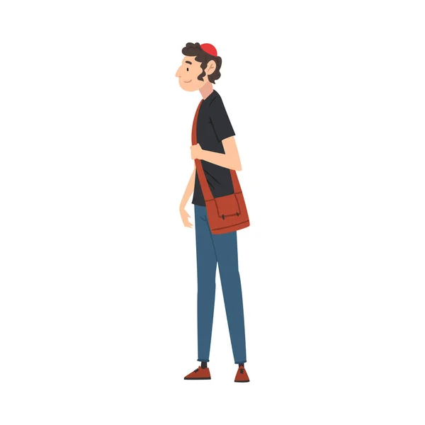 Jude Guy i casual kläder stående med väska, International College eller University Student Character Vector Illustration — Stock vektor
