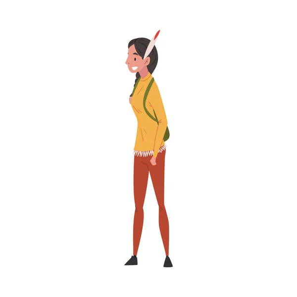 Fille indienne américaine en vêtements décontractés et plume dans ses cheveux, Collège international ou université Illustration vectorielle de caractère étudiante féminine — Image vectorielle