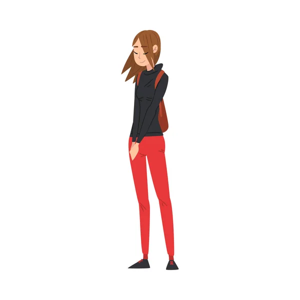 Mädchen in Freizeitkleidung, stehend mit Rucksack, College oder Universität weibliche Studentin Charakter Vektor Illustration — Stockvektor