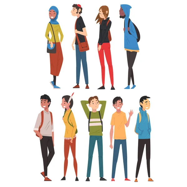 Chicos y chicas alegres en la colección de ropa casual, Colegio Internacional o Estudiantes Universitarios Personajes Vector Illustration — Vector de stock