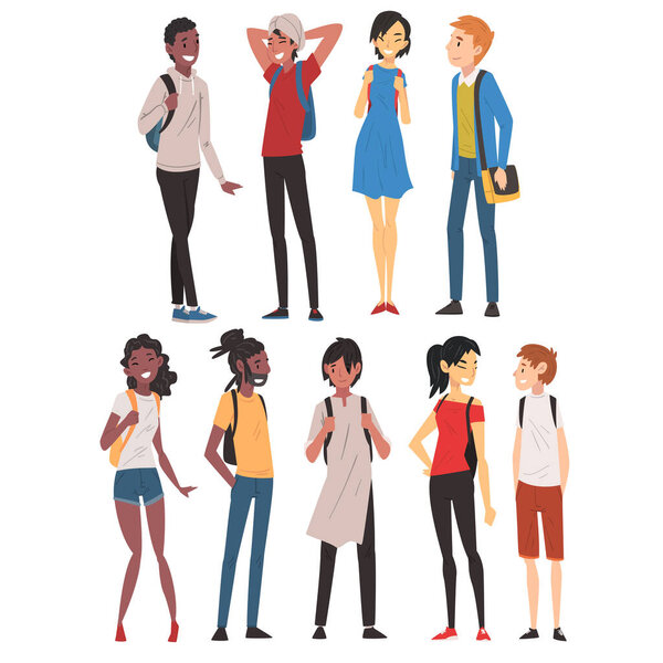 Collection of International College or University Students Characters, Cheerful Guys and Girls in Casual Clothes with Backpacks Vector Illustration