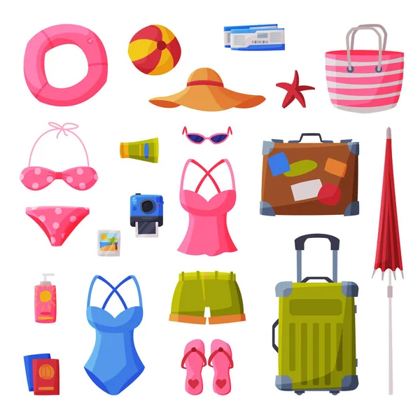 Summer Vacation Objects Collection, μαγιό, βαλίτσα, σορτς, σαγιονάρες, τσάντα παραλίας, ψάθινο καπέλο, ομπρέλα παραλίας, ταξιδιωτική και τουριστική εικονογράφηση διάνυσμα σε λευκό φόντο — Διανυσματικό Αρχείο