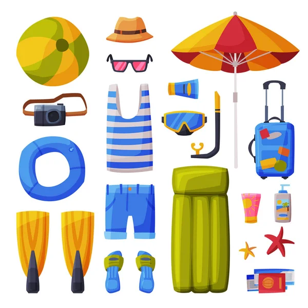 Summer Vacation Objects Collection, Suitcase, Shorts, Flippers, Flip Flops, Camera, Beach Umbrella, Traveling and Tourism Vector Illustration on White Background — Stock Vector