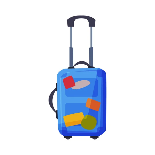 Modern Plastic Suitcase on Wheels with Travel Stickers, Summer Vacation Object, Traveling and Tourism Vector Illustration on White Background — 스톡 벡터