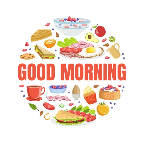 Modelo de banner de bom dia com pratos de refeição matinal saborosos de ilustração vetorial de forma redonda — Vetor de Stock