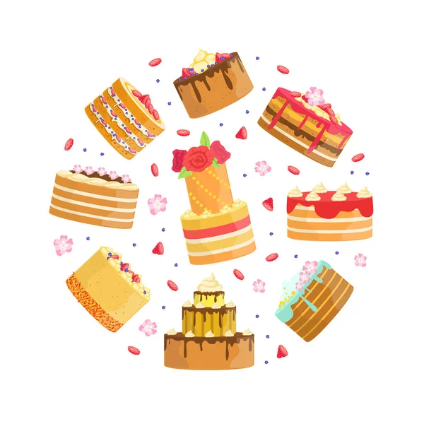 Dolci dolci di forma rotonda, dolci deliziosi, festa di compleanno, vacanza, pasticceria Design Cartoon Vector Illustrazione — Vettoriale Stock