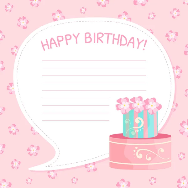 Happy Birthday Card Template, Greeting Celebration Pink Card with Sweet Cake Dessert Vector Illustration — Stock Vector