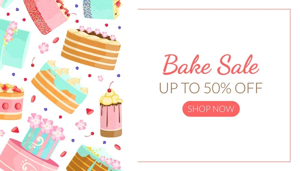 Bake Sale Landing Page Template met Lekkere Taarten Patroon, Bakkerij winkel Sweet Desserts Speciale aanbieding, Cafe Menu Ontwerp Vector Illustratie — Stockvector